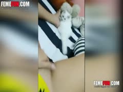 Sweet asian girl let her cat to lick her pussy